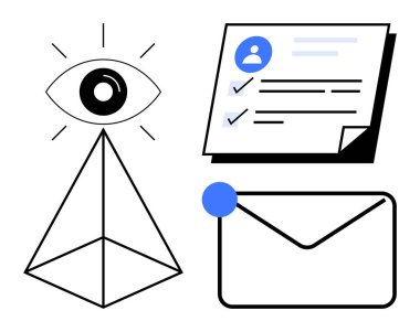 Piramidin tepesinde görüşü sembolize eden tek göz, görev organizasyonu için liste ve profil simgesi içeren sayfa, iletişim için zarf. Liderlik için ideal, planlama, takım çalışması, mesajlaşma, damgalama