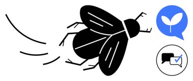 Hareketi simgeleyen çizgiler çizerek uçuşun ortasında kara sinek. Bitişik bitki filizi ve sohbet baloncukları doğayı, büyümeyi, konuşmayı, eko-bilinci, ilerlemeyi, tartışmayı, üretkenliği vurguluyor