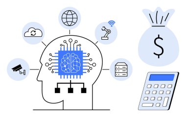 Yapay zeka, finans yönetimi, otomasyon, makine eğitimi, siber güvenlik, yenilik. Nöro çipli insan beyni ve veri işlemek için birbirine bağlı ikonlar. Yapay zeka ve finansal teknoloji