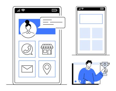 Mobil uygulama kullanıcı arayüzü görüntüleme profil resmi, bağlantı seçenekleri, konum simgesi, depolama simgesi ve ileti balonu. Ek görüntüler arasında elinde kupa tutan bir kişi de var. Uygulama için ideal