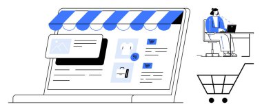 E-ticaret konsepti. Dijital mağaza önü, alışveriş arabası ve müşteri destek elemanları tarafından e-ticaret. E-ticaret eğilimleri, çevrimiçi perakende, müşteri hizmetleri ve iş yeniliği