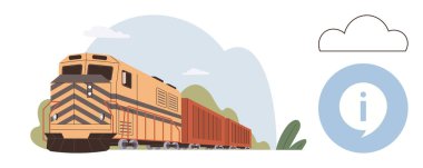 Bir bulut ve bilgi ikonu eşliğinde, doğada kargo vagonları olan turuncu yük treni. Ulaşım, lojistik, kargo, seyahat, ekolojik odaklanma, iletişim eğitimi için ideal. Temizle