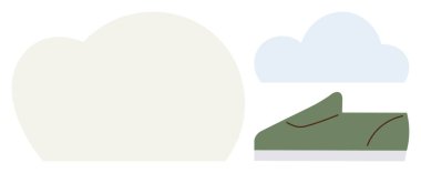 Soyut bej ve mavi bulut şekillerine karşı beyaz tabanlı yeşil kaygan ayakkabı. Moda, sadelik, modernlik, minimalizm, ayakkabı, yaşam tarzı, çevre dostu olmak için ideal. Basit bir daire.