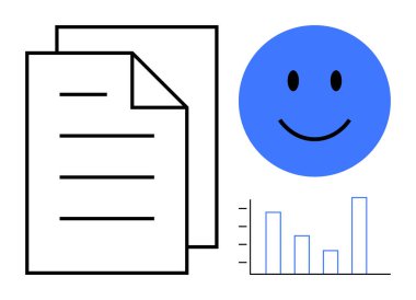 Belge verimliliği kavramı. Gülen yüz, belgeler ve veri grafiği çalışma verimliliği, takım işbirliği ve olumlu sonuçlar. İş için ideal, takım çalışması, analitik pozitiflik odaklı