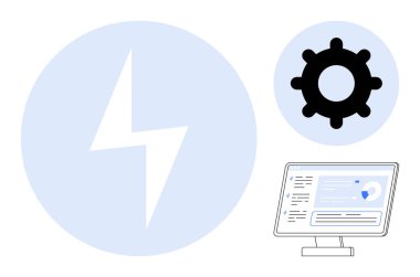 Sistem yönetimi, otomasyon süreçleri, üretkenlik araçları, dijital işlemler, teknolojik verimlilik, yazılım arayüzü. Bir teçhizat, yıldırım ve bilgisayar ekranı. Sistem yönetimi