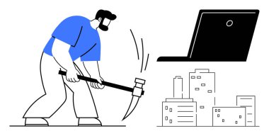 Kripto para birimi, engelleme teknolojisi, dijital ekonomi, madencilik süreci, kentsel gelişim, çevrimiçi iş. Adamın biri dizüstü bilgisayar ve şehir manzarasının yanında bir kazma kullanıyor. Kripto para birimi ve engelleme teknolojisi