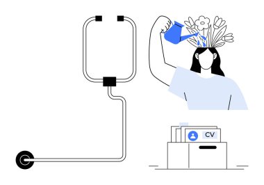 Kişisel gelişim. Kadın yaratıcılığı yeni fikirlerle besliyor. Yenilikçi düşünce yoluyla kariyer gelişimine bağlı kişisel gelişim. Kişisel gelişim, psikoloji, kariyer, büyüme için