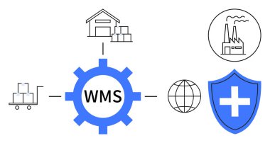 Tedarik zinciri, lojistik, depo verimliliği, küresel ticaret, envanter takibi, sistem yönetimi. Depoya bağlı WMS etiketli şanzıman, fabrika küresi kalkanı. Tedarik zinciri ve lojistik