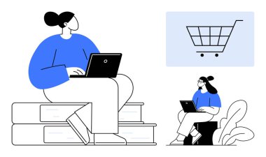 İnternetten alışveriş konsepti. İnternetten dizüstü bilgisayar ve alışveriş arabası ikonu kullanan insanlar üzerinden alışveriş yapmak. Çevrimiçi alışveriş yardımları, eğitim, e-ticaret eğilimleri. Dijital perakende ve pazarlama için mükemmel