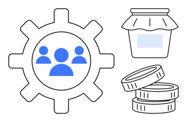 Takım çalışması, kaynak yönetimi, finans, işbirliği, sürdürülebilir iş, verimlilik. İnsan ikonu, kavanoz ve bozuk paralarla donatılmış. Takım çalışması ve kaynak yönetimi görsel olarak