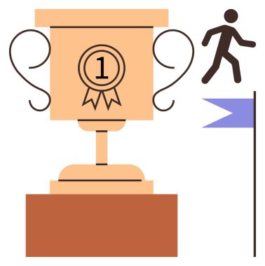 Altın birincilik kupası, hedefe doğru yürüyen insan ve bitiş çizgisinin bayrağı. Başarı, başarı, rekabet, hedef belirleme, liderlik arzusu kişisel gelişim için idealdir. Basit düz metafor