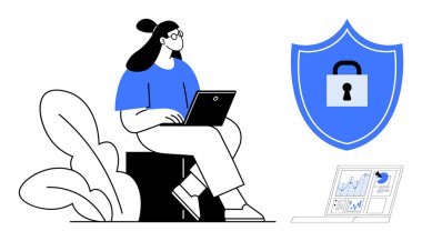 Siber güvenlik, veri koruması, çevrimiçi gizlilik, teknoloji, analitik, uzaktan çalışma. Dizüstü bilgisayarı ve kalkan ikonu olan kadın. Siber güvenlik ve veri koruma kavramı