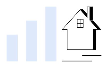 Gayrimenkul, konut piyasası eğilimleri, emlak yatırımları, mali büyüme, iş analizleri, kentsel kalkınma. Minimalist bar grafiği ve ev simgesi. Gayrimenkul ve konut piyasası eğilimleri görsel