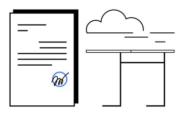Dijital sözleşmeler, bulut depolama, elektronik imza, veri güvenliği, uzaktan çalışma, online anlaşmalar. Bulut ve çizgilerin yanında imzalanmış belge. Dijital sözleşmeler ve bulut depolama kavramı