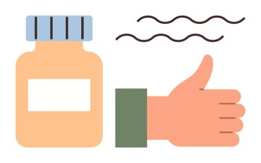 Onayın yanındaki ilaç kavanozu baş parmak ve dalgalı çizgilerle işaretlenmiş. Sağlık, ürün kalitesi, sağlık, memnuniyet, onaylama, onaylama, tıbbi konsept için idealdir. Basit düz metafor