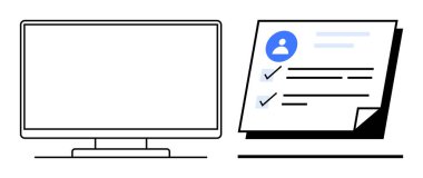 Kullanıcı profili ve kontrol listesi işaretleri içeren belgenin yanında bilgisayar monitörü. Dijital kimlik, görev yönetimi, veri incelemesi, çevrimiçi değerlendirmeler, teknoloji, üretkenlik, evrak işleri için ideal