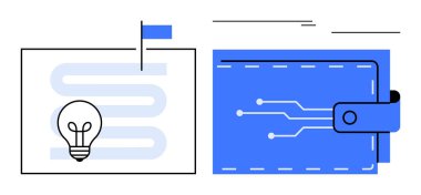 Basitleştirilmiş bir yol haritasında ampul ve bayrağın yanında devre desenli dijital cüzdan. Fintech, yenilik, ödeme sistemleri, girişimler, teknoloji eğilimleri, yaratıcı çözümler, basit