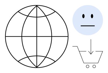 E-ticaret, küresel ticaret, tüketici davranışı, kullanıcı geribildirimi, teknoloji, internet pazarlaması. Ağ örgülü dünya, tarafsız yüz ve alışveriş arabası ikonu. E-ticaret ve küresel ticaret kavramsal tasarımı