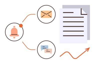 Notification bell, email, speech bubbles connected to a document, arrow symbolizing growth. Ideal for communication, productivity, process optimization, business strategy, information flow teamwork