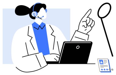 Profesyonel kulaklık takan biri dizüstü bilgisayarla asistanlık yapıyor, vurgu için yukarıya, yanında da not kartı ile işaret ediyor. Müşteri hizmetleri için ideal, teknik destek, iletişim, danışmanlık, eğitim, çevrimiçi