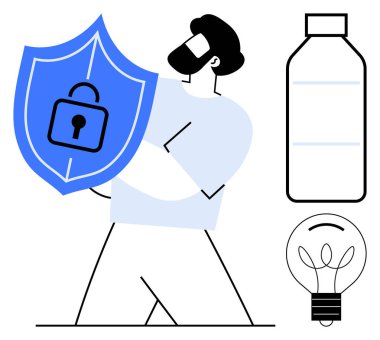 Veri koruması, yenilik, güvenlik, çevre bilinci, çevresel sürdürülebilirlik, dijital güvenlik. Elinde asma kilit, şişe ve ampullü bir kalkan tutan kişi. Veri koruması ve yenilik