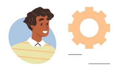 Çizgili süveter giymiş gülen bir işçi aşağıda iki ince çizgi bulunan bir vites simgesinin yanında, teknoloji, beceri, iş akışı ve takım çalışmasını vurguluyor. Yenilik, başarı, iş, takım çalışması kariyeri için ideal