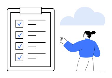 Görev yönetimi, iş akışı organizasyonu, verimlilik araçları, hedef belirleme, iş planlaması, kontrol listesi kullanımı. Üzerinde mavi bir bulut olan bir kontrol listesine bakan biri. Görev yönetimi ve iş akışı