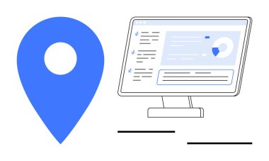 Navigasyon, dijital araçlar, yer belirleme, veri işleme, çevrimiçi hizmetler, internet platformları. Mavi lokasyon şifresi ve bilgisayar ekranı. Navigasyon ve dijital araçlar kavramı