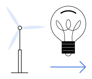 Yenilenebilir enerji, sürdürülebilirlik, elektrik üretimi, temiz enerji, yeşil teknoloji, yenilik. Bir rüzgar türbini ve oklu bir ampul. Yenilenebilir enerji ve sürdürülebilirlik fikirleri