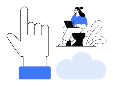 Bulut hesaplama konsepti. Resimli el hareketi, dizüstü bilgisayarı olan genç bir kadın ve internetteki bulut işi. Bulut hesaplama uzaktan çalışmayı, bağlantıyı ve veri depolamayı destekler. Teknoloji ve eğitim için ideal