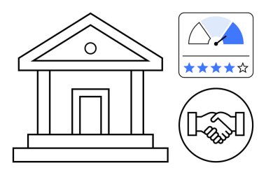 Finans kurumu konsepti. Banka binası, kredi puanı ve tokalaşma ikonları güven, işbirliği, bankacılık ve kredi değerlendirmesi. Fintech için, bankacılık hizmetleri kredi derecelendirme ortaklık verileri