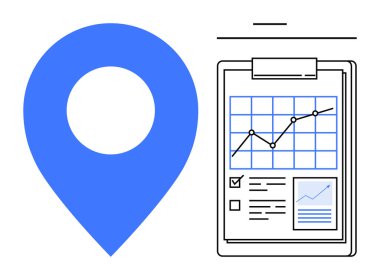 İş stratejisi, yer belirleme, piyasa araştırması, veri analizi, raporlar, büyüme analizleri. Mavi bir lokasyon iğnesi ve grafikli bir pano. Konum izleme ve veri analiz kavramı