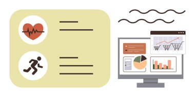 Kalp atışı ve aktivite simgeleri bilgisayar monitörünün yanında grafikleri, grafikleri ve alışveriş arabalarını gösteriyor. Sağlık takibi, eCommerce, veri analizi, fitness, teknoloji, pazarlama ve istatistik için ideal