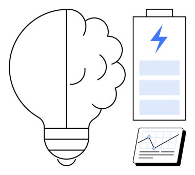 Beyin ampulü yaratıcılık için birleşir, enerji için yıldırımlı batarya ve ilerleme için grafik. Yenilik, fikirler, güç, analitik, üretkenlik, araştırma büyüme kavramları için idealdir.