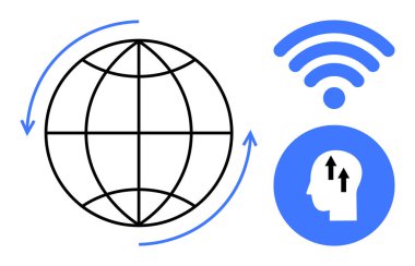 Küresel bağlantı. bir dünya küresi, kablosuz iletişim ve insan düşüncesi yoluyla küresel bağlantı. Küresel bağlantı yenilik, ağ oluşturma ve dijital büyümeyi destekler. İdeal