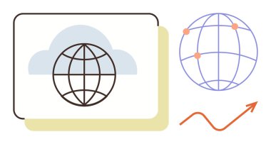 Bulut içindeki dünya, küresel harita bağlantıları, yukarı doğru ok. Teknoloji, bulut hesaplama, ağ oluşturma, küreselleşme, dijital dönüşüm veri analizi büyüme kavramı için idealdir. Basit düz metafor