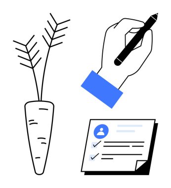 Havuç, tükenmez kalem ve kontrol listesi verimliliği, hedef belirleme, planlama ve sağlıklı alışkanlıkları sembolize eder. Motivasyon, sağlık, kişisel gelişim organizasyonu eğitim ödülleri için ideal