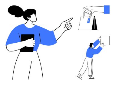 E-ticaret konsepti. E-ticaret dijital alışveriş, dağıtım hizmetleri ve tüketici davranışlarını birbirine bağlar. E-ticaret çevrimiçi alımları, lojistik verimliliği ve modern perakendeciliği güçlendirir. Mükemmel.