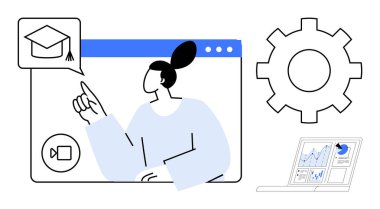 E-öğrenme, eğitim teknolojisi, sanal sınıflar, iş akışı, bilgi paylaşımı, grafik arayüzü. Dijital arayüzdeki eğitim ikonunu gösteren bir kadın. E-öğrenim ve eğitim teknolojisi