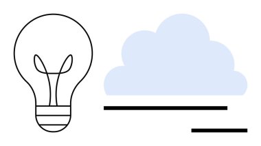 Yaratıcılık, yenilik, bulut teknolojisi, fikir yönetimi, veri çözümleri, fütüristik kavramlar. Ampullü ve bulutlu minimalist tasarım. Yaratıcılık ve bulut teknolojisi etkili bir şekilde resmedildi