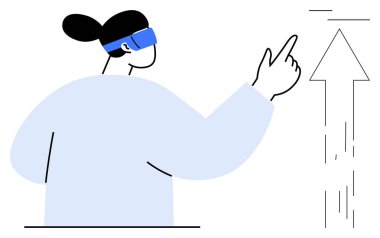 Sanal gerçeklik, artırılmış gerçeklik, yenilik, teknoloji ilerlemesi, kullanıcı etkileşimi, veri akışı. Yükselen bir oku işaret eden VR kulaklık takan biri. Sanal gerçeklik ve yenilik kavramı