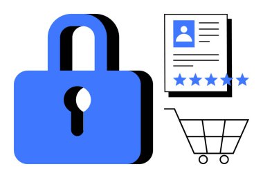 Veri güvenliğini temsil eden asma kilit, yıldız reytingli kullanıcı profili ve gizlilik, güven ve e-ticaret için alışveriş arabası simgesi. Çevrimiçi güvenlik, veri koruması, siber güvenlik, incelemeler için ideal