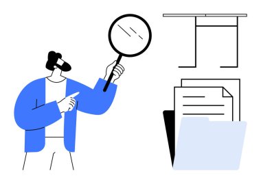 İş analizi, araştırma, bilgi yönetimi, veri incelemesi, belge organizasyonu, problem çözme. Bir adam belgeleri büyüteçle inceliyor. İş analizi ve araştırma kavramı