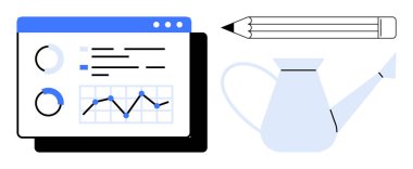 İş büyümesi, veri analizi, eğitim araçları, görselleştirme, planlama, verimlilik. Çizelgeler, kalem ve sulama kutuları olan analitik gösterge paneli. İş büyümesi ve veri analizi