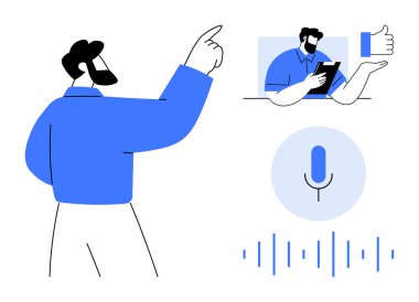 Uzaktan işbirliği, ses tanıma, müşteri hizmetleri, sanal asistan, çevrimiçi etkileşim ve uygulama geliştirme. Bir kişi işaret ediyor ve çeşitli teknolojik ikonlar. Uzaktan işbirliği ve ses