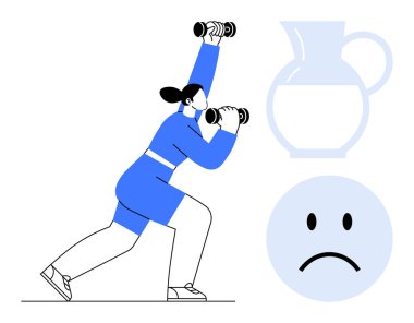 Fitness konsepti. Dambıllarla çalışan, sürahiyle su içmeyi vurgulayan ve üzgün bir yüzle duygularını ifade eden bir kadın. Fitness motivasyon, duygu, sağlık bilinci, egzersiz rutinleri