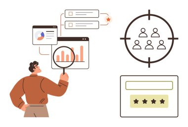 Adam çizelgeleri gözden geçirmek, hedef kitleyi rafine etmek ve müşteri geribildirimlerini değerlendirmek için büyüteç kullanıyor. Pazarlama, analitik, veri yorumlaması, strateji, müşteri ilişkileri, iş için ideal