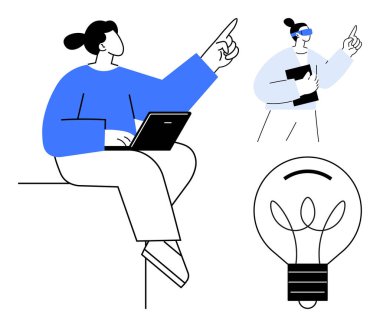 Takım çalışması, yenilik, problem çözme, yaratıcılık, beyin fırtınası, iletişim. Laptop, tablet ve ampul sembolü taşıyan bir kişi daha. Yenilik ve takım çalışması kavramı