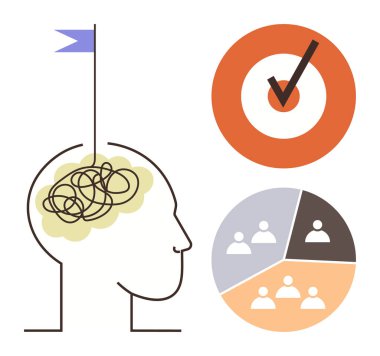 Karışık çizgiler ve berraklığı sembolize eden bir bayrak, işaretli bir hedef ve segmentli grup şeması. Planlama, karar verme, liderlik, hedefler, zihinsel sağlık, takım çalışması için ideal
