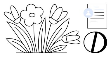 Doğa, profil tanımlama, dijital belgeler, tasarım elemanları, bahar kavramları ve minimalist grafikler. Yapraklı çiçekler, profil simgesi ve belge illüstrasyonu. Doğa ve profil